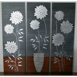 Obraz na desce - Tryptyk kwiaty grafitowe - 3 x 30x85 cm